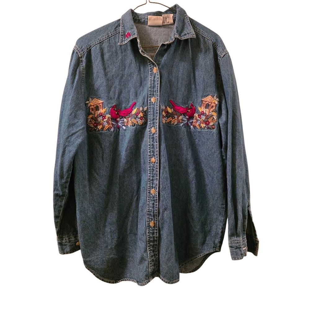 Vtg 90s Cardinal Bird Floral Embroidered Denim Shirt Long Sleeve Festive S